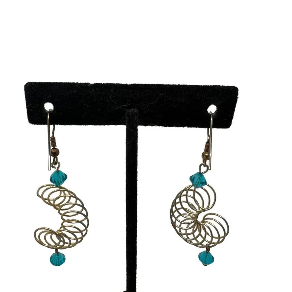 Handcrafted Earrings Blue Beaded‎ Crystal Pierced Spiral Loops Dangle Wire
